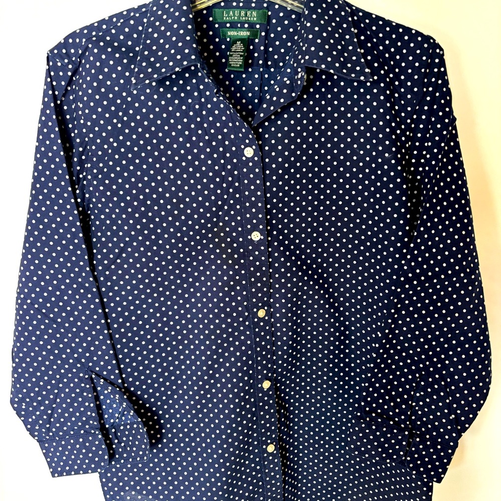 Ralph Lauren women’s medium navy and white polka dot button up 3/4 sleeve.